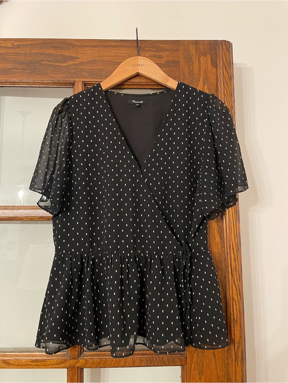 Madewell Black & White Square Polka Dot Wrap Peplum Top